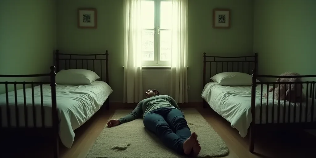 a man laying on a bed in a room with two beds and a crib with a baby in it, Arthur Sarkissian, dysto