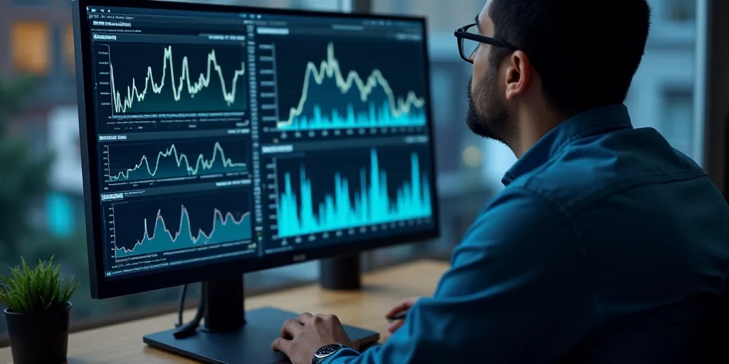 a man looking at a computer screen with multiple graphs on it and a laptop on his desk with a mouse,