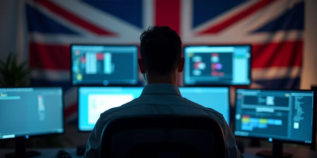 a man looking at multiple computer monitors with a flag on the wall behind him and a flag on the wal