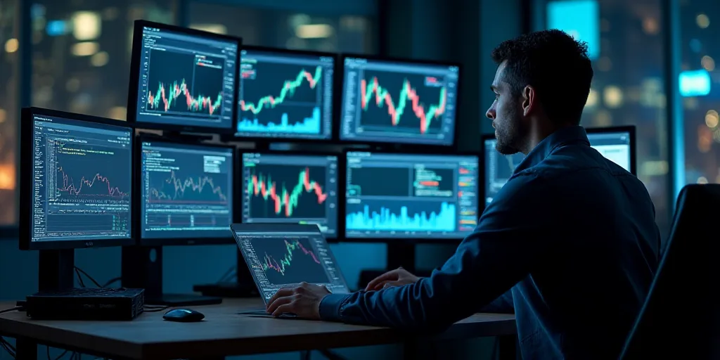 a man looking at multiple computer screens with different graphs on them and a laptop on the desk wi