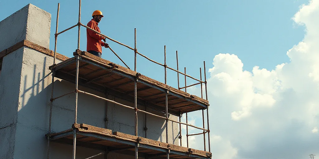 a man on a scaffolding on a building with a helmet on top of it and a building under construction, E