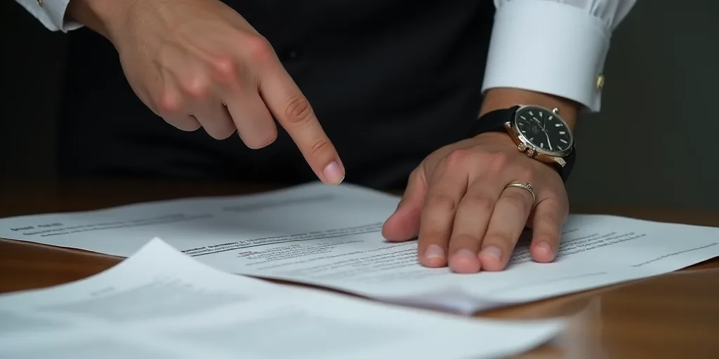 a man pointing at a piece of paper on a table with papers on it and a watch on his wrist, Carlos Tri