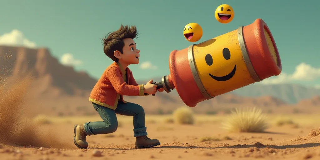 a man pulling a large dynamite with emoticions around him and a smiley face on the back of it, Andri