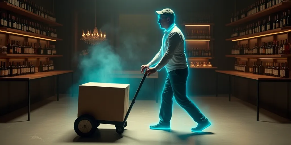 a man pushing a cart with a box on it in a room with a table and shelves of wine bottles, Bernd Fasc