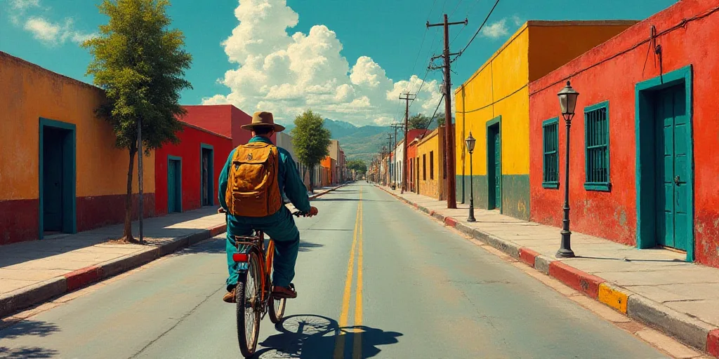 a man riding a bike down a street with a backpack on it's back and a backpack on his back, Diego Riv