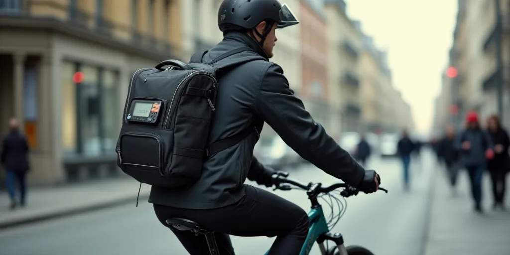 a man riding a bike with a cell phone and a bag on the back of it and a calculator, Ed Benedict, tec