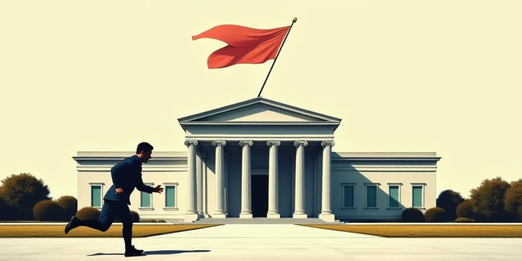 a man running in front of a building with a flag on top of it and a flag flying in the wind, Dennis