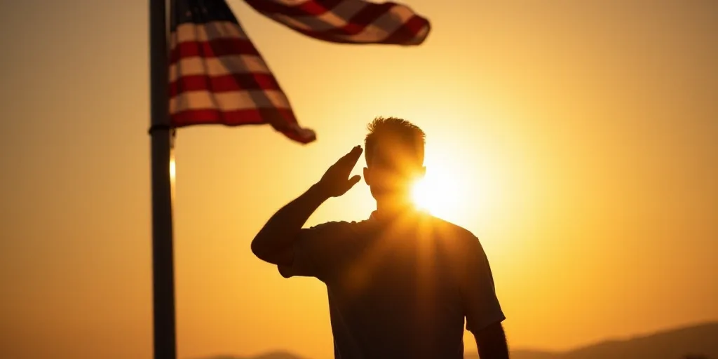 a man saluting the sun behind an american flag on a pole with a sunbeam in the background, Dennis As