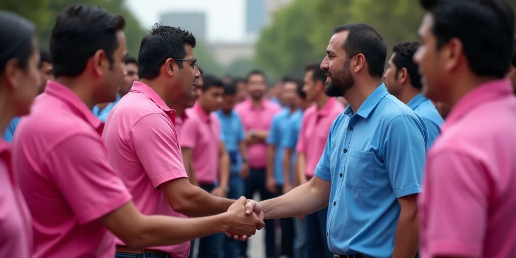 a man shaking hands with a group of people in a crowd of people behind him, all of them are wearing