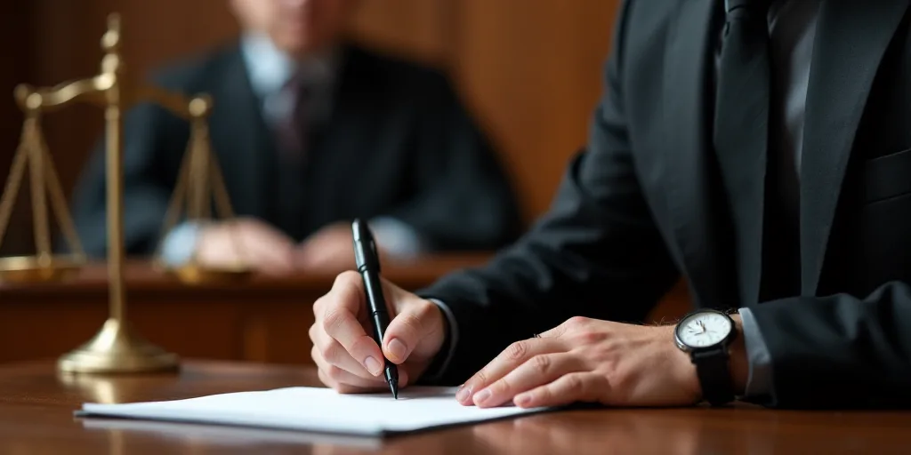 a man signing a document with a judge and a judge in the background at a desk with a scale of justic