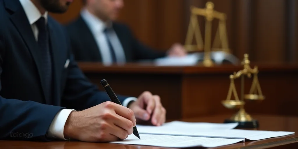 a man signing a document with a judge and a judge in the background at a desk with a scale of justic