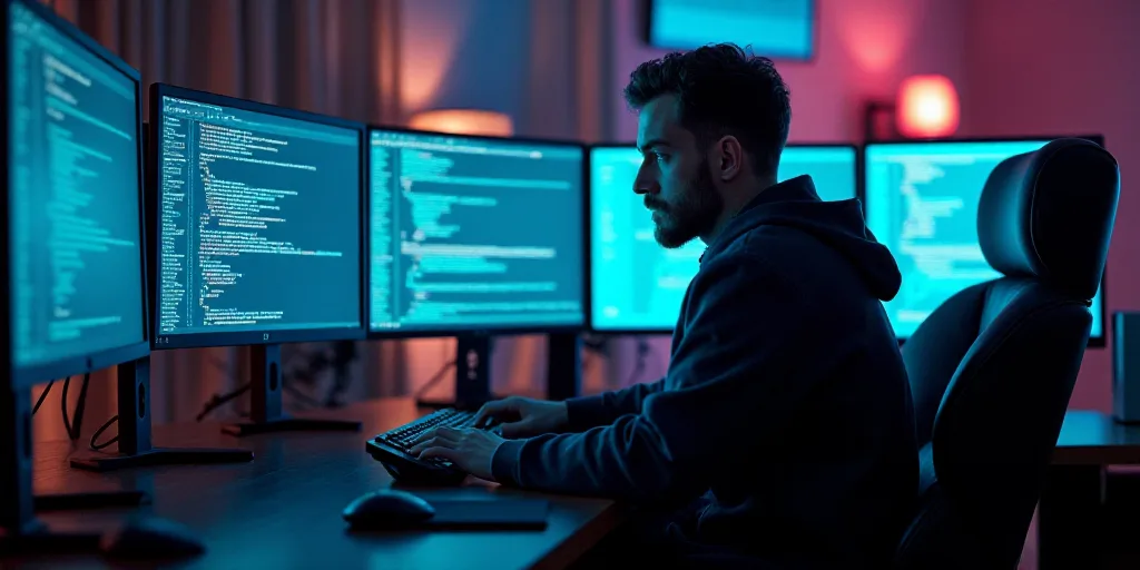 a man sitting at a computer desk with a lot of monitors on it's side and a keyboard in front of him,