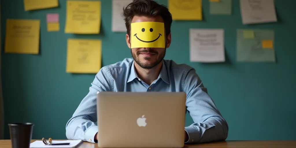 a man sitting at a desk with a laptop and a pair of yellow sticky notes on his eyes with a smiley fa