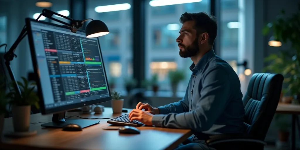 a man sitting at a desk with a calculator and a computer monitor on it, working on a calculator, Dah