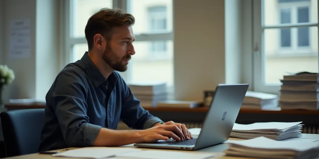 a man sitting at a desk with a laptop computer in front of him and stacks of papers on the desk, Eng