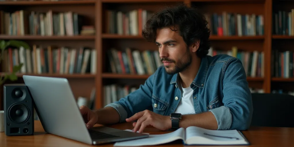 a man sitting at a table in front of a laptop computer with a speaker on it and a bookcase full of b