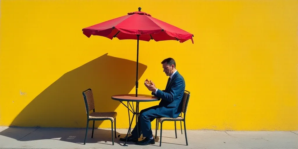 a man sitting at a table with a hot dog in his hand and an umbrella in the background with a yellow