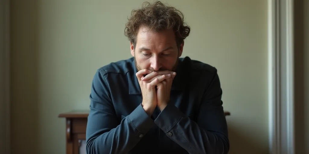 a man sitting in a chair with his hands clasped to his face and looking down at something in front o