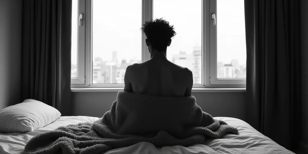 a man sitting on a bed in front of a window with a blanket on it's back and a blanket on his chest,