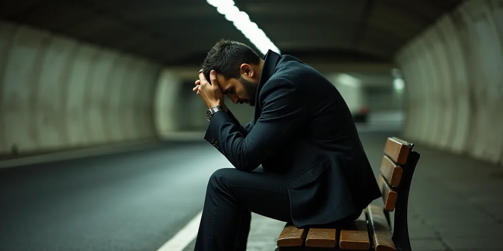 a man sitting on a bench in a tunnel with his hands in his pockets and his head in his hands, Carlos
