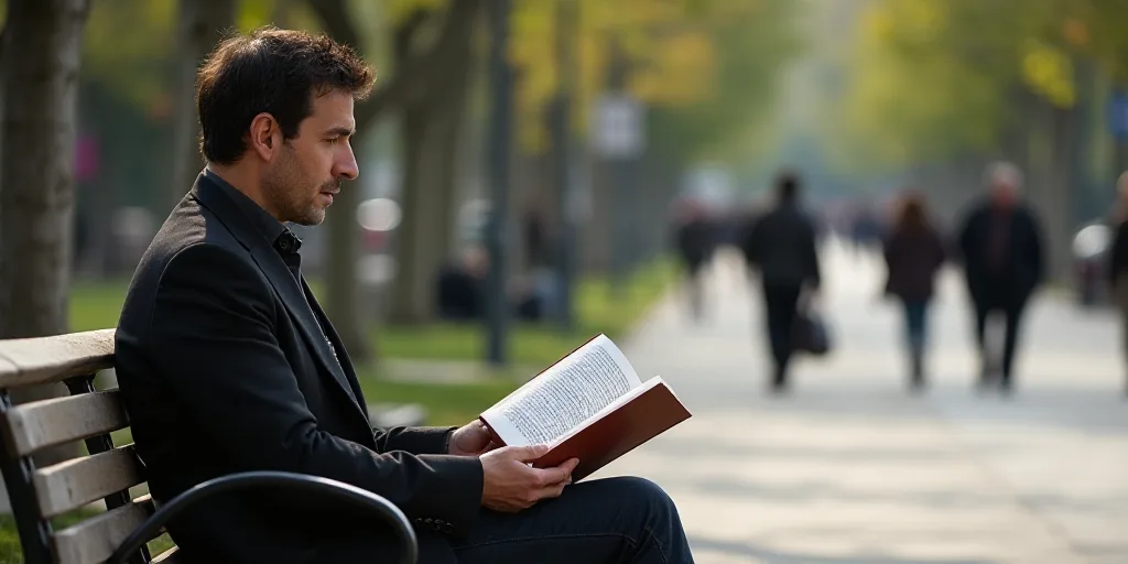 a man sitting on a bench reading a book while others walk by him on a sidewalk in the background, Es