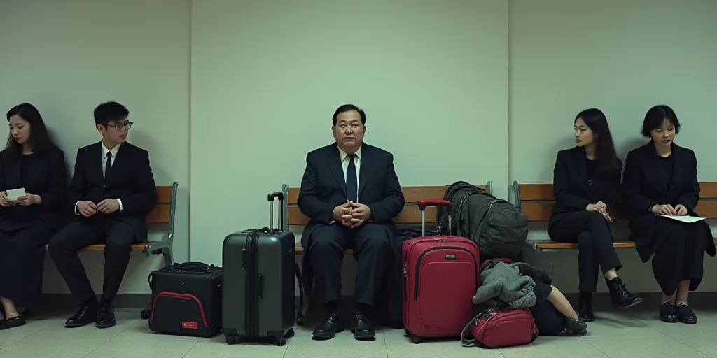 a man sitting on a bench with a lot of luggage in front of him and people sitting on the bench, Cui