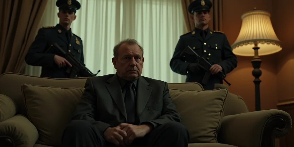 a man sitting on a couch in a living room with two soldiers standing behind him and a man holding a