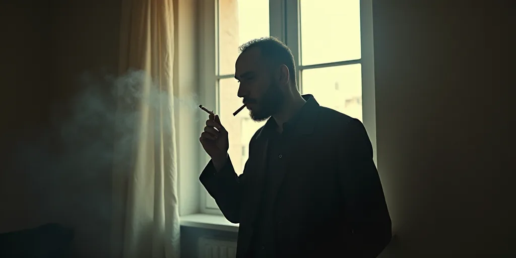 a man smoking a cigarette in a room with a window behind him and a window behind him with a curtain,