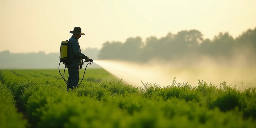 a man spraying pesticide on a field of plants with a hose and a hat on his head and a hose in his ha