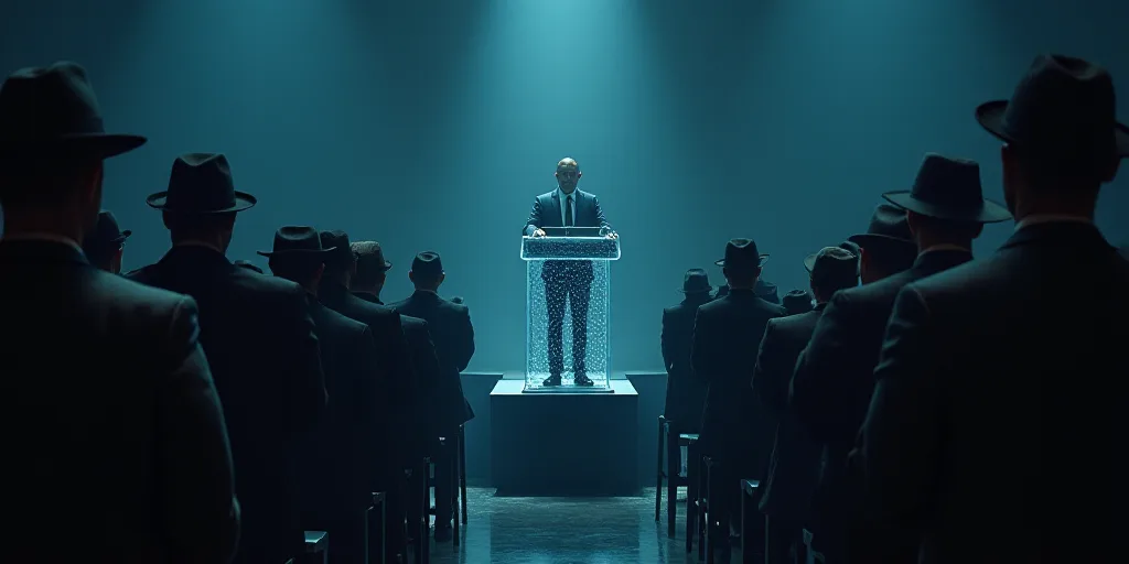 a man standing at a podium in front of a crowd of people wearing hats and suits and holding a microp