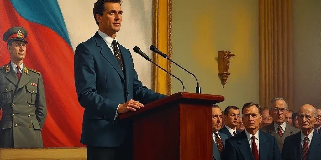 a man standing at a podium in front of a painting of a man in uniform and a flag behind him, Ada Gla