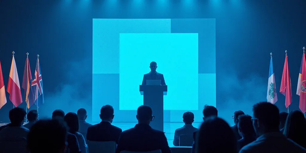 a man standing at a podium in front of a crowd of people in front of a blue wall with flags, Eduardo