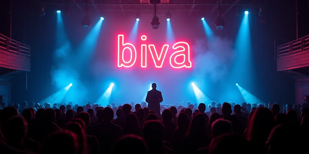 a man standing at a podium in front of a crowd of people in front of a sign that says biva night gal