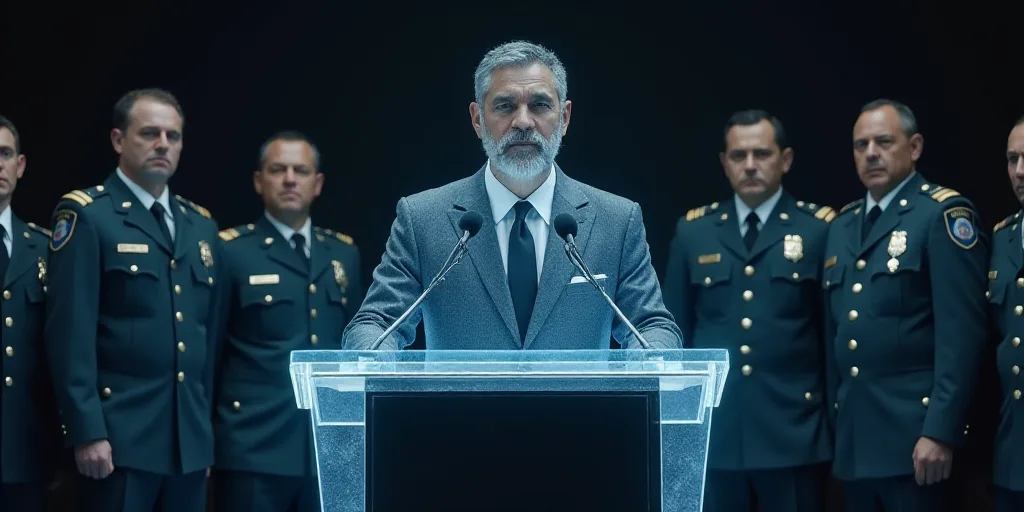 a man standing at a podium in front of a group of men in uniform and a microphone in front of him, E