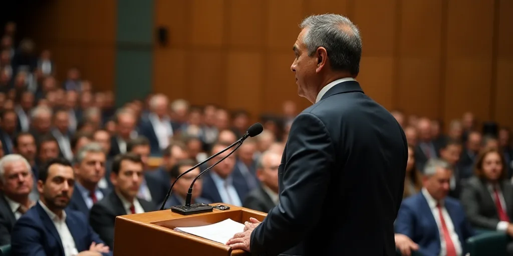 a man standing at a podium in front of a crowd of people in a conference room with a sign, Cándido