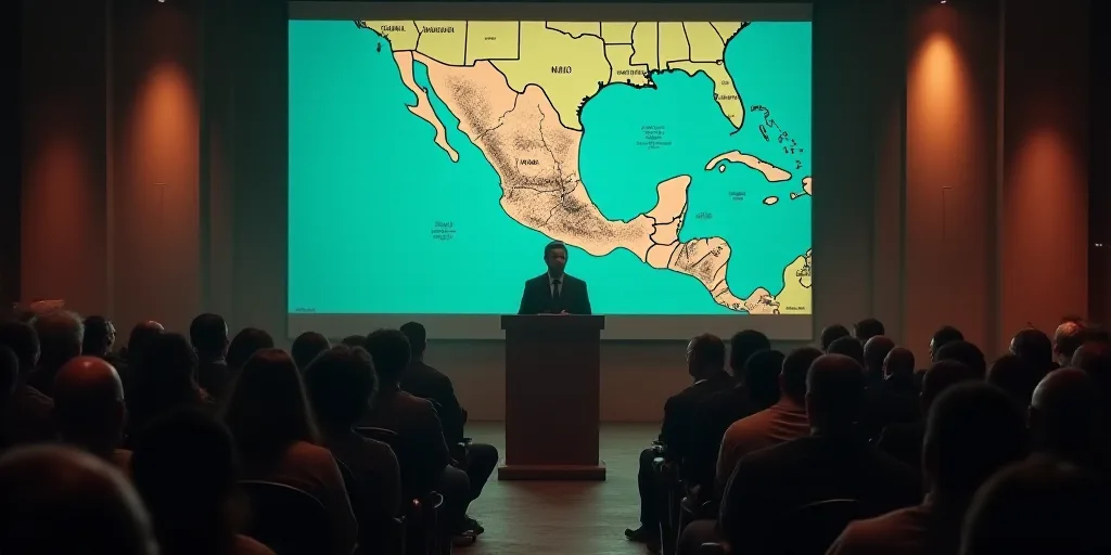 a man standing at a podium in front of a crowd of people in front of a screen with a map of mexico,