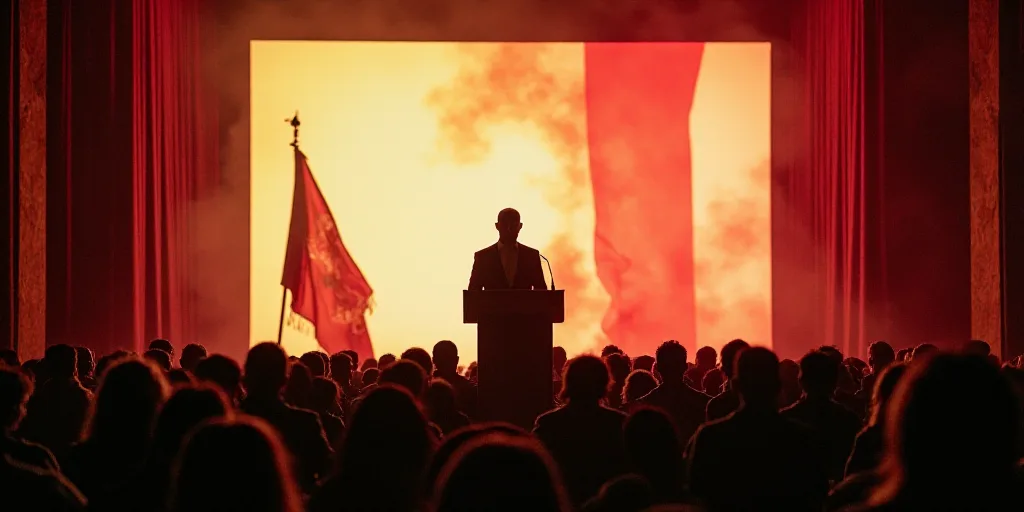 a man standing at a podium in front of a crowd of people in front of a large screen with a flag, Dav