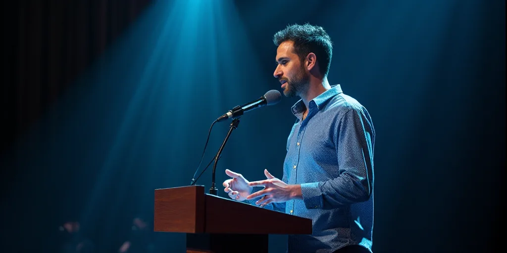 a man standing at a podium with a microphone in his hand and a microphone in his other hand, with a