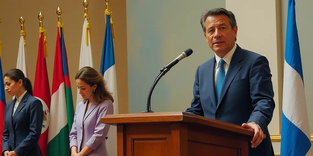 a man standing at a podium with a microphone in front of him and two women behind him and flags behi