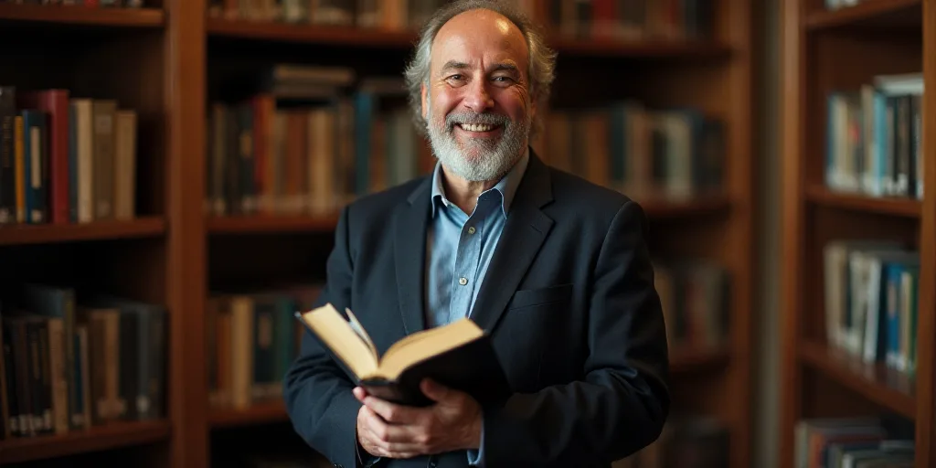 a man standing in a library holding a book and smiling at the camera with a book in his hand, Avigdo