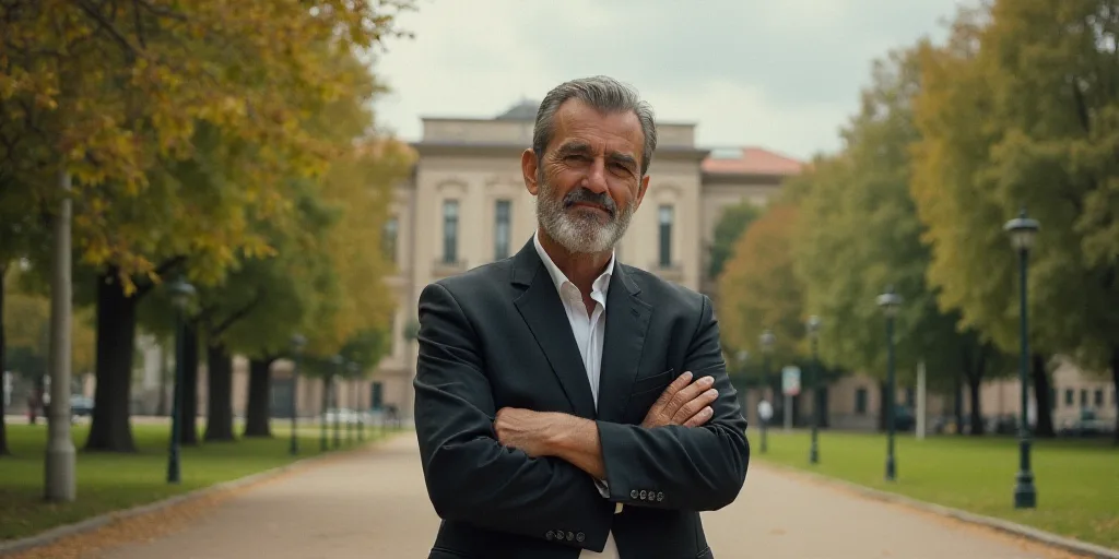 a man standing in a park with his hands crossed and a building in the background with trees in the f