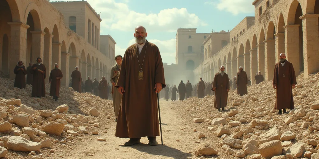 a man standing in a rubble area with other people around him and buildings in the background, with a