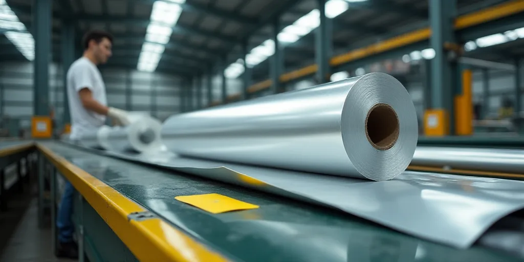 a man standing in a warehouse next to a roll of aluminum foil on a conveyor belt with a yellow tag,