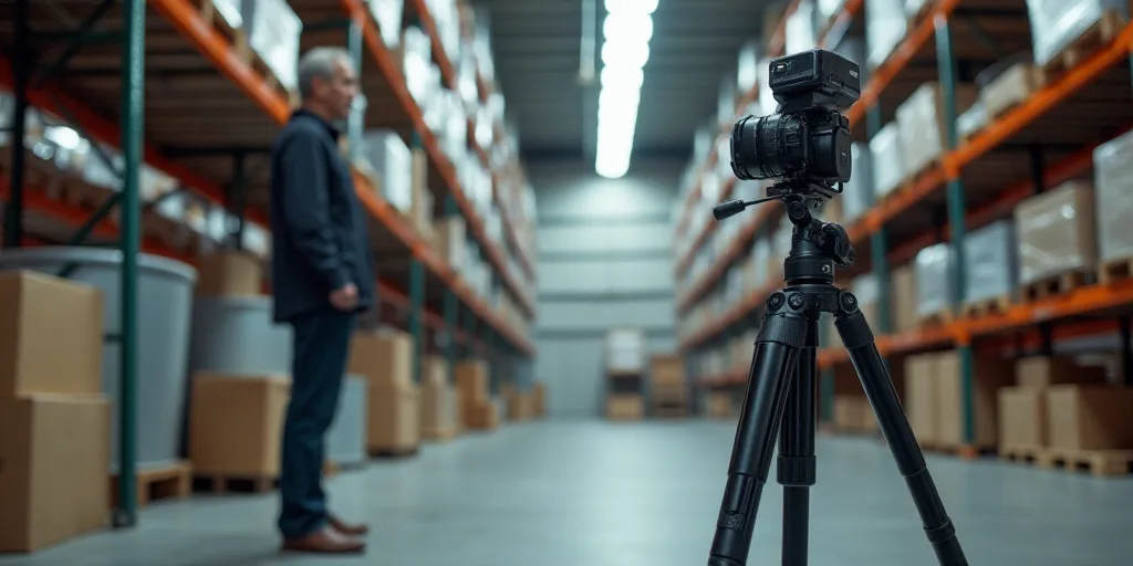 a man standing in a warehouse next to a rack of items and a camera on a tripod with a camera, Andrie
