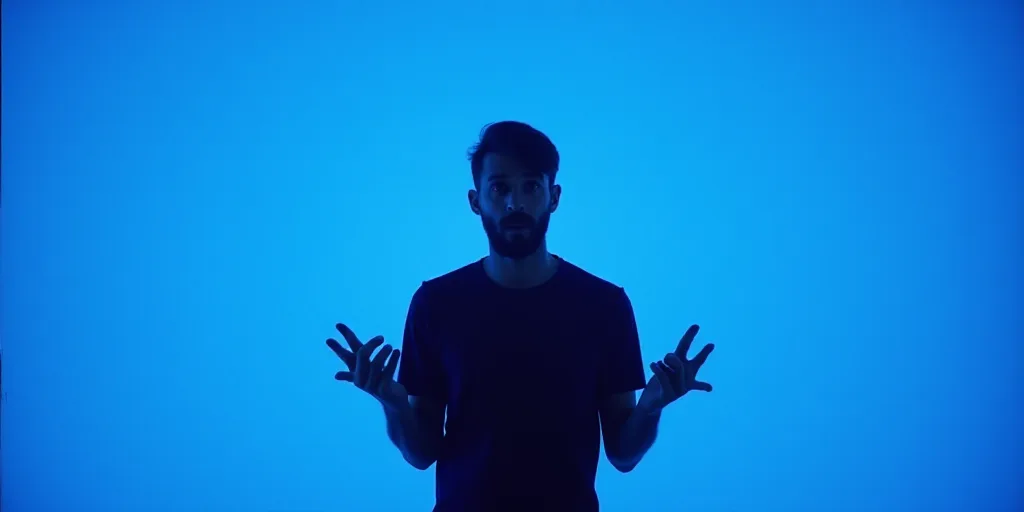 a man standing in front of a blue screen with his hands folded out and a surprised look on his face,