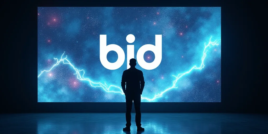 a man standing in front of a big screen with a logo on it that says bid on it and a person standing