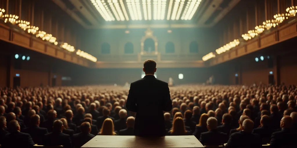 a man standing in front of a crowd of people in a building with a podium in front of him, Fay Pomera