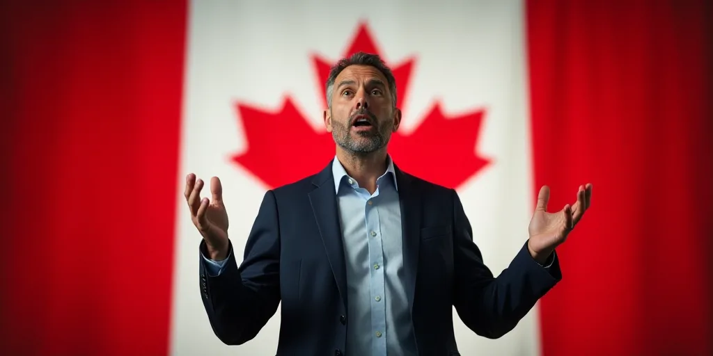 a man standing in front of a canadian flag giving a speech with his hands up in front of him, Charle