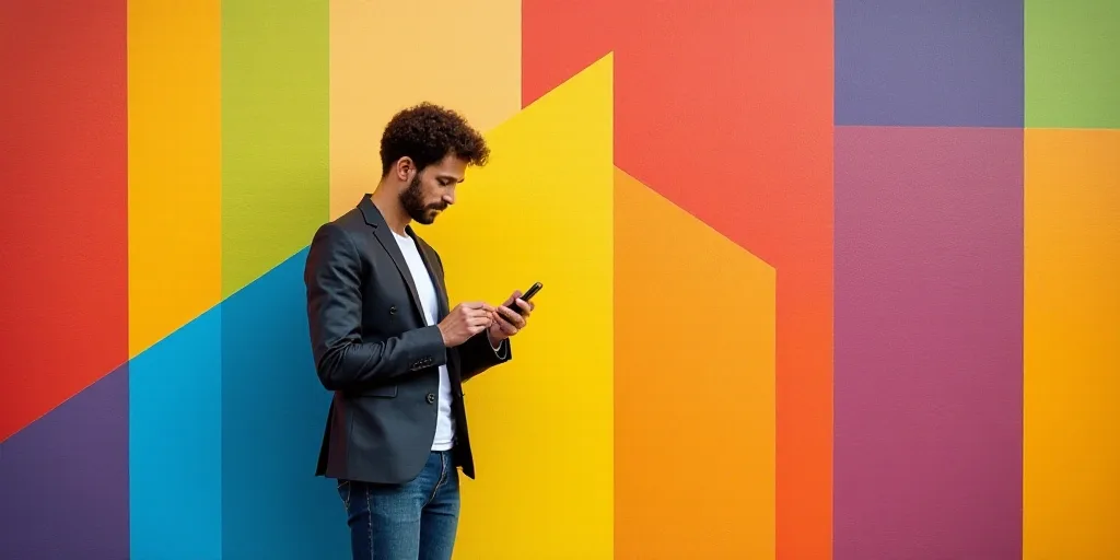 a man standing in front of a colorful wall using a cell phone in his hand and looking at his phone,