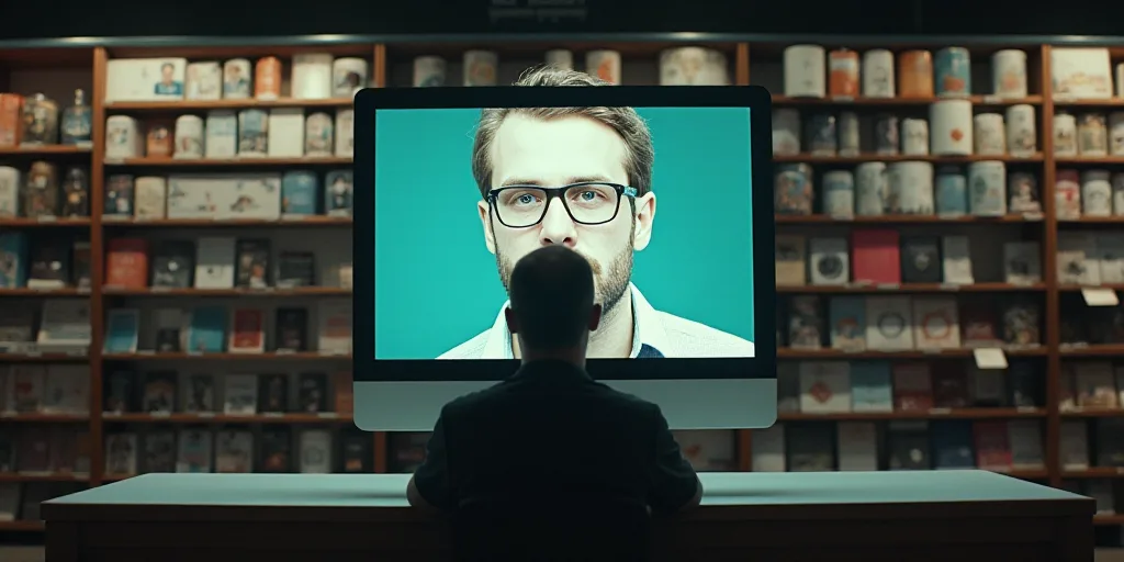 a man standing in front of a computer in a store with a giant head of a man on the computer, Ada Gla